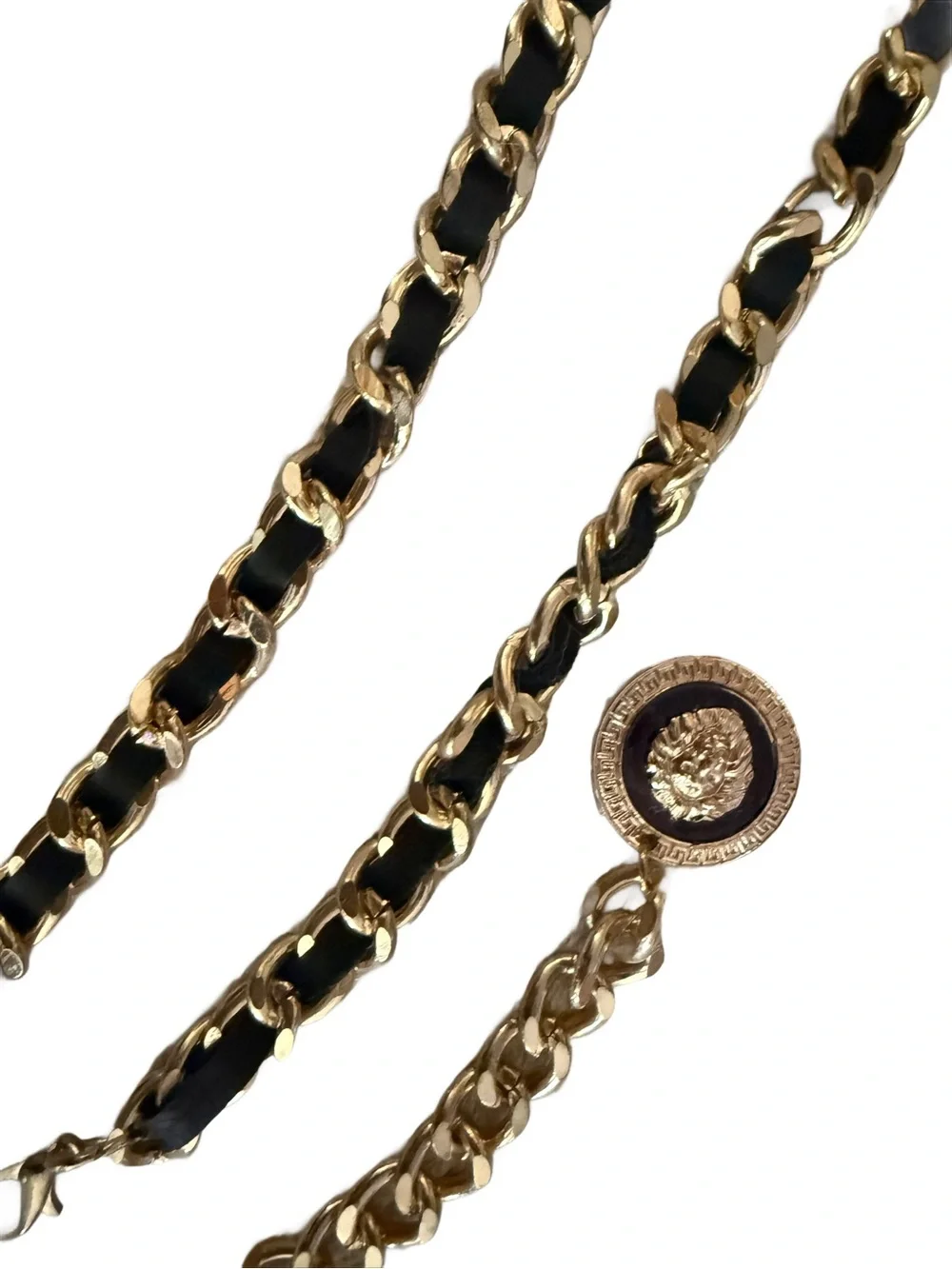 Women Gold Metal Chain Black Designer Style Fashion Belt Lion Charm Coin